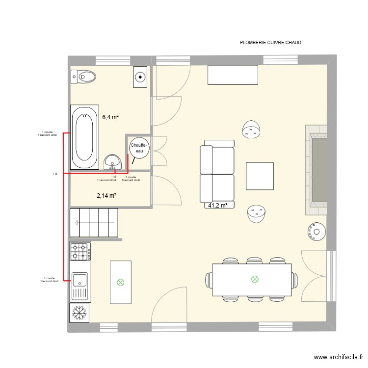 Plomberie Cuivre chaud. Plan de 3 pièces et 50 m2