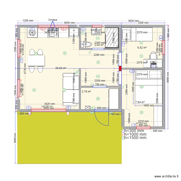 45 55 эл. Plan de 6 pièces et 56 m2