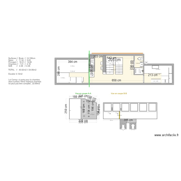 Aménagement combles 40m2 - Emplacement Cuisine. Plan de 4 pièces et 41 m2