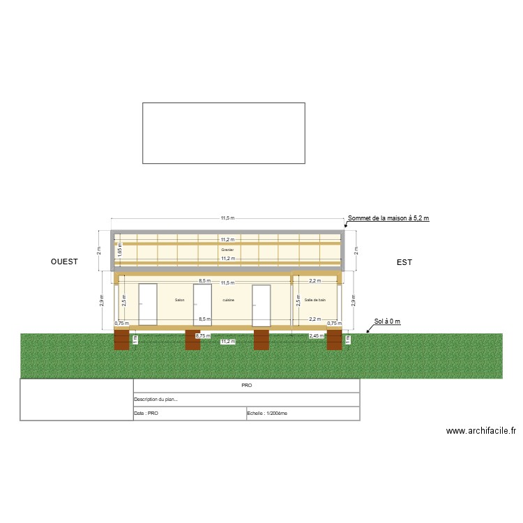 plan coupe face 2. Plan de 3 pièces et 45 m2
