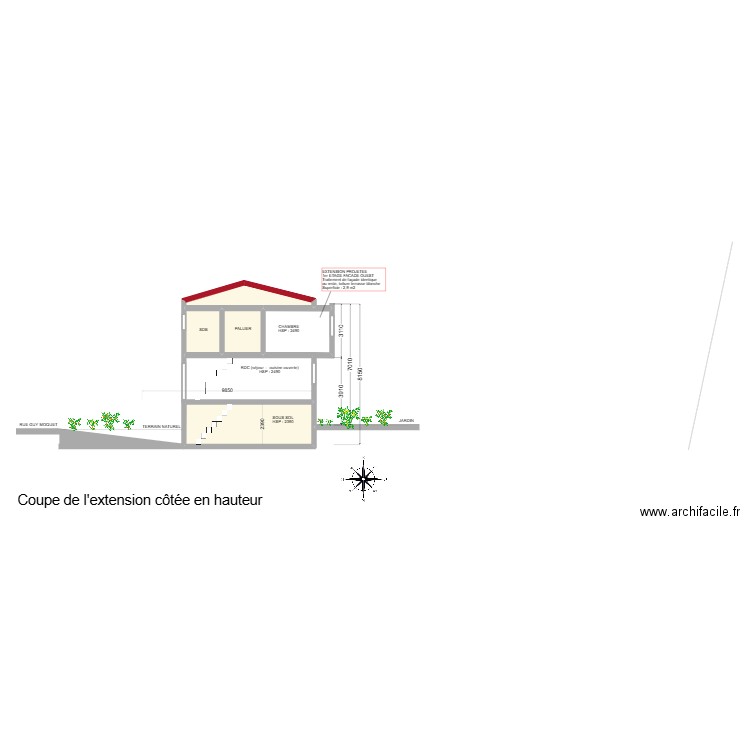 Plan de coupe extension chambre. Plan de 4 pièces et 33 m2