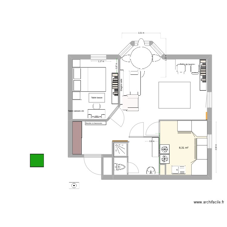 Haie Vignée 11. Plan de 1 pièce et 8 m2
