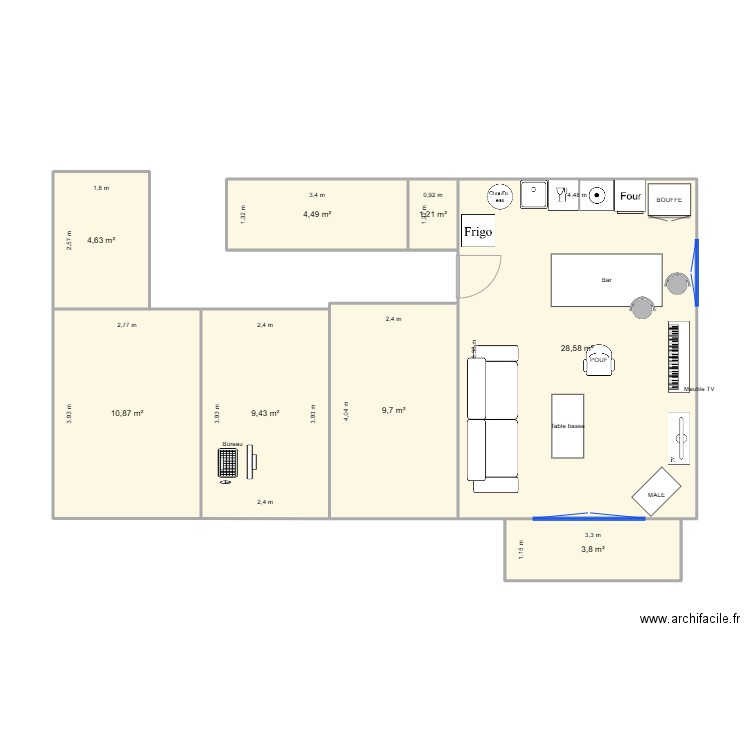 salon Le mée. Plan de 8 pièces et 73 m2