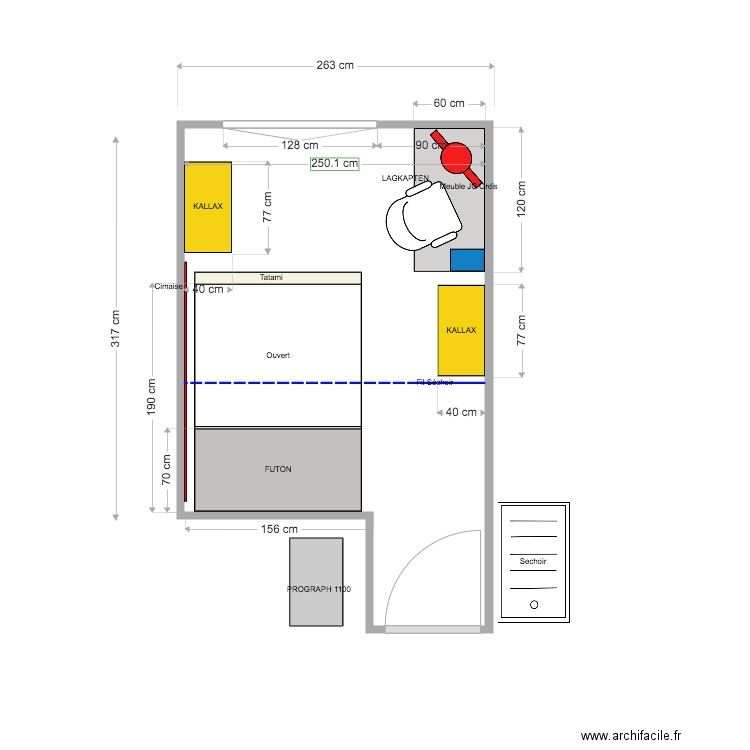 Bureau NEW Futon v8 190. Plan de 1 pièce et 9 m2