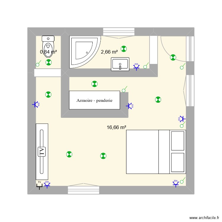 chambre. Plan de 3 pièces et 20 m2