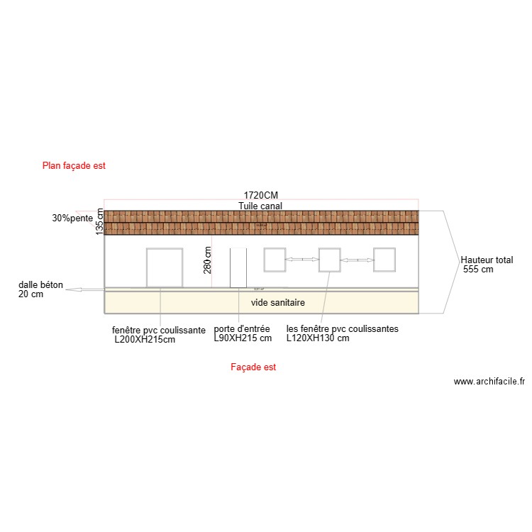 plan facade est. Plan de 3 pièces et 40 m2