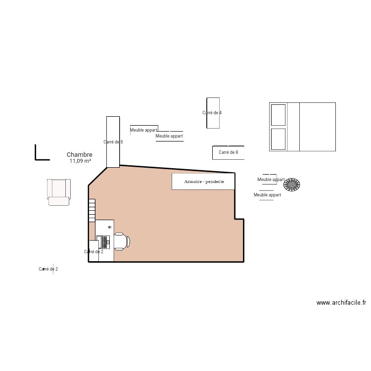 chambre. Plan de 1 pièce et 11 m2