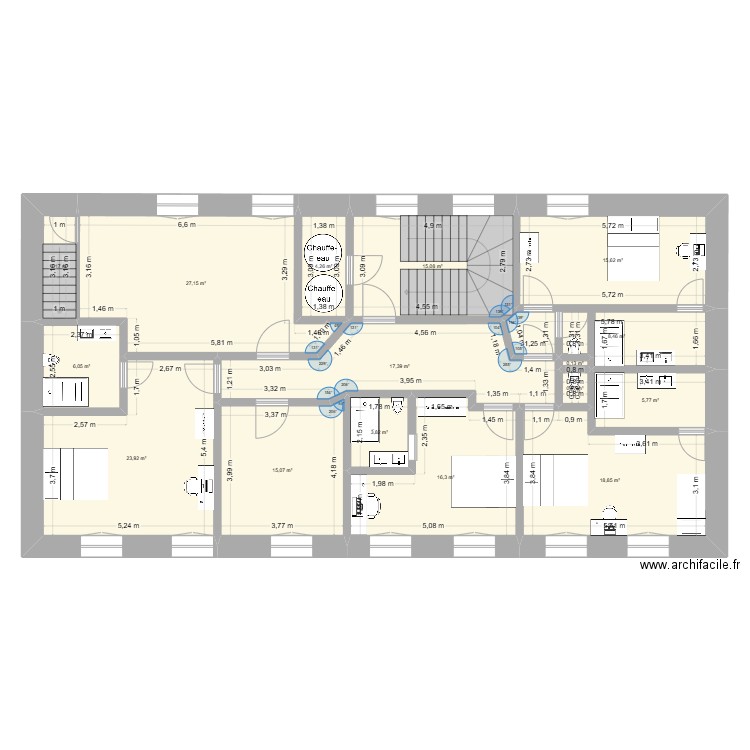 2 eme étage amenagé. Plan de 16 pièces et 182 m2