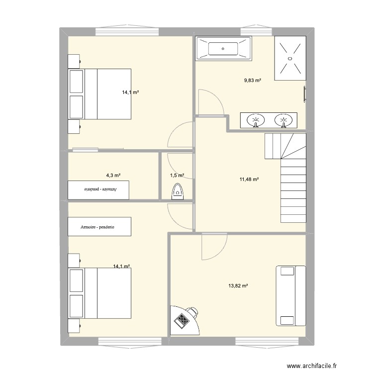 Petite maison étage sup sdb. Plan de 7 pièces et 69 m2
