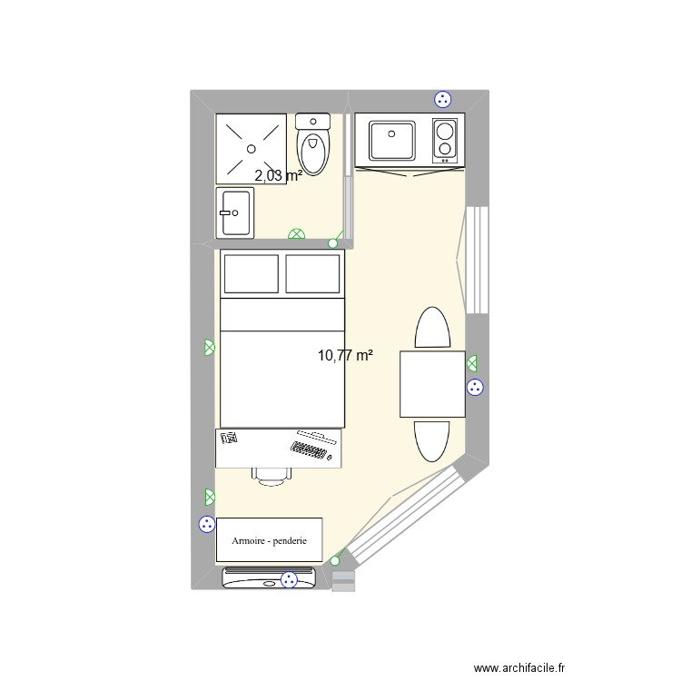 Extension. Plan de 2 pièces et 13 m2