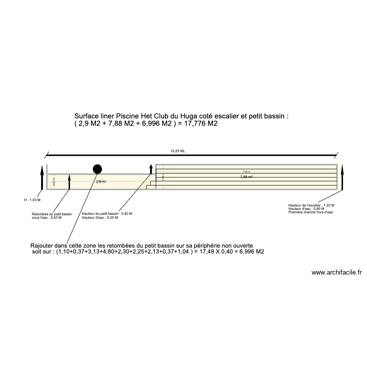 Cot&eacute; escalier et petit bassin Piscine Het Club du Huga. Plan de 2  et 11 m²