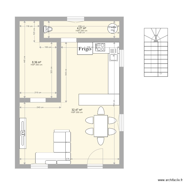 vic bas. Plan de 3 pièces et 45 m2