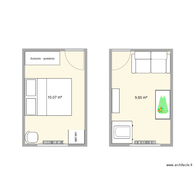 Chambre bébé. Plan de 2 pièces et 20 m2