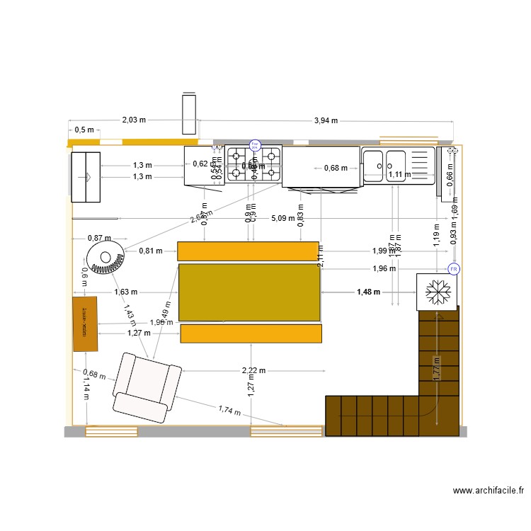 Longères 4 cuisine séjour - cotations fenêtre et poele ok. Plan de 0 pièce et 0 m2