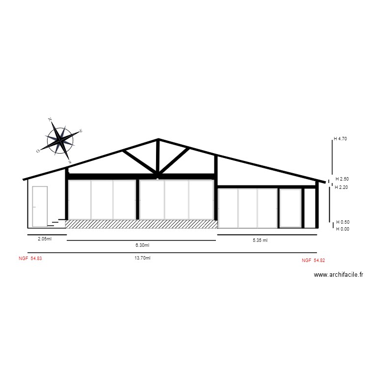 facade SUD                               chalet 46. Plan de 2 pièces et 4 m2