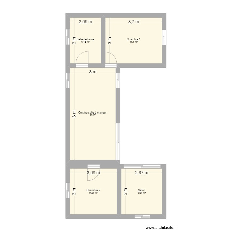 3 volumes. Plan de 5 pièces et 53 m2