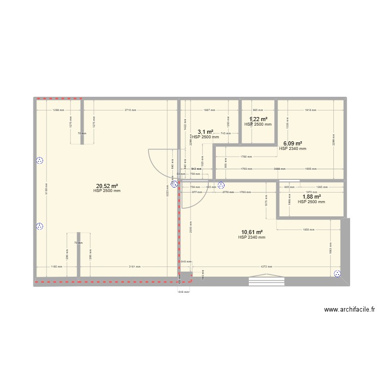 etage. Plan de 6 pièces et 43 m2