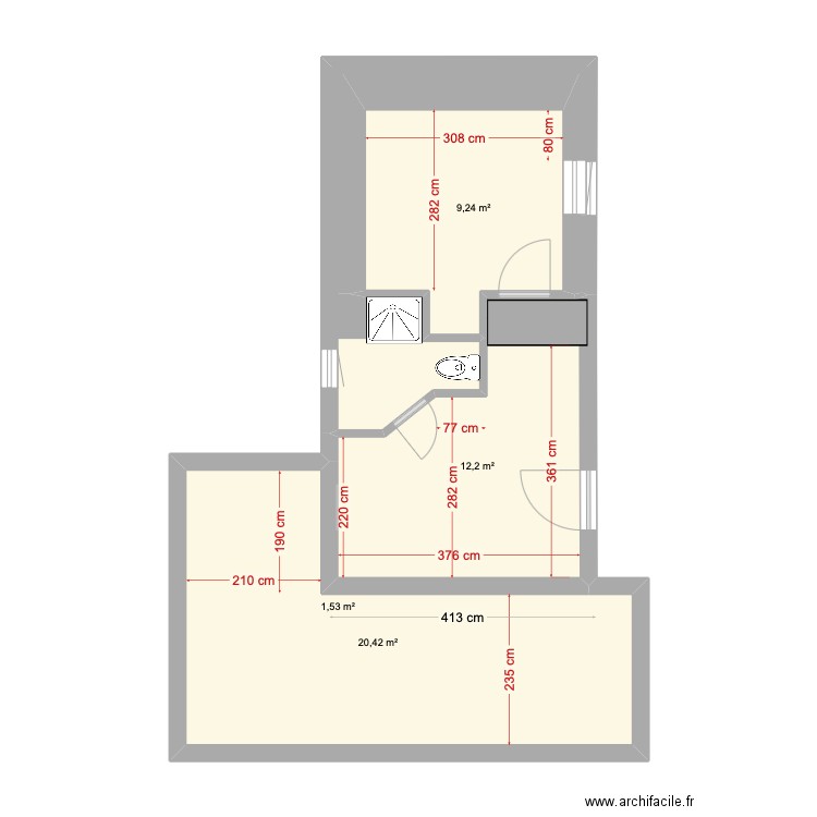 a casuccia état initial. Plan de 4 pièces et 43 m2
