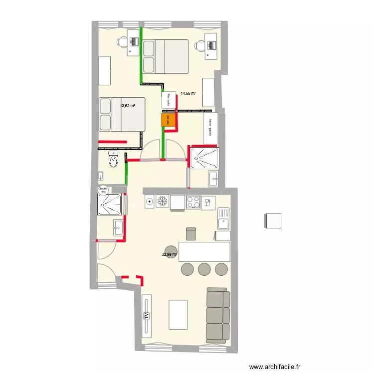 initial - chgt WC. Plan de 3 Pièces et 61 m²