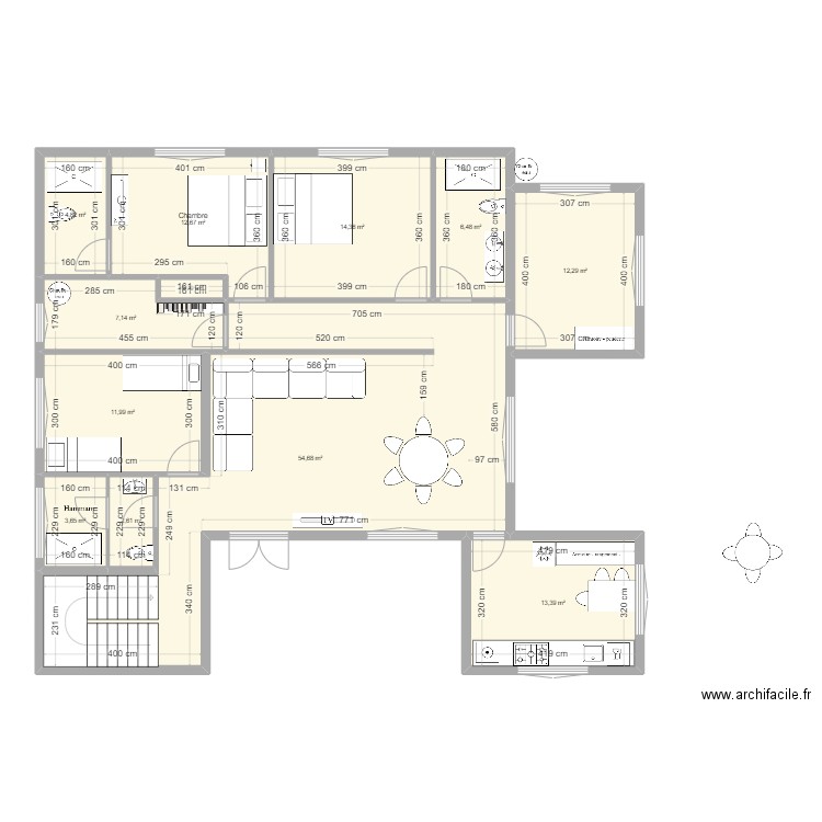Ferme baba. Plan de 12 pièces et 145 m2