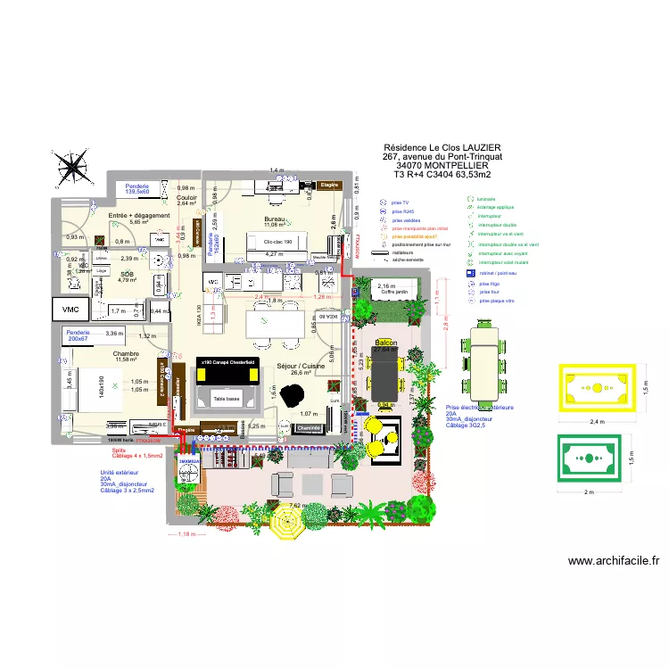 T3 C3404 _ R&eacute;sidence Le Clos Lauzier 4 (cuisine 2,4m choix 2 avec clim2). Plan de 8  et 91 m²