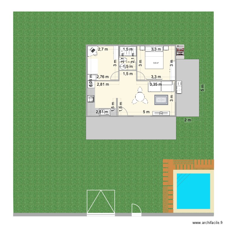 planta casa 45m2. Plan de 3 pièces et 45 m2