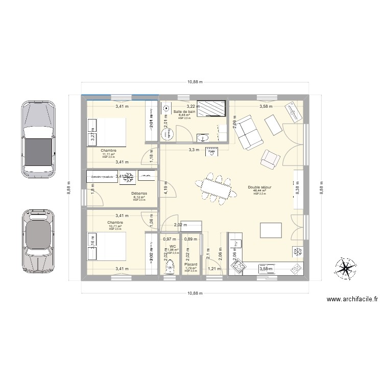 projet logis côté parking boussole. Plan de 7 pièces et 85 m2