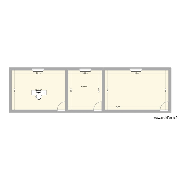 bureau. Plan de 2 pièces et 58 m2