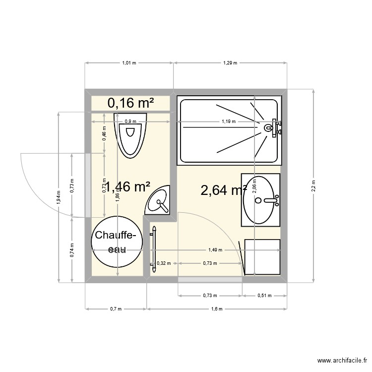 SDB. Plan de 3 pièces et 4 m2
