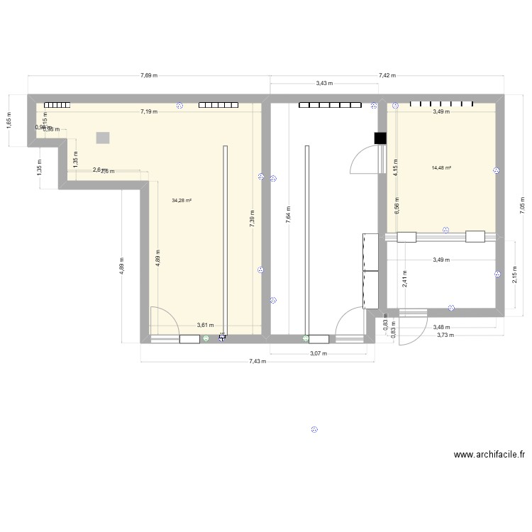 bureau3. Plan de 2 pièces et 49 m2