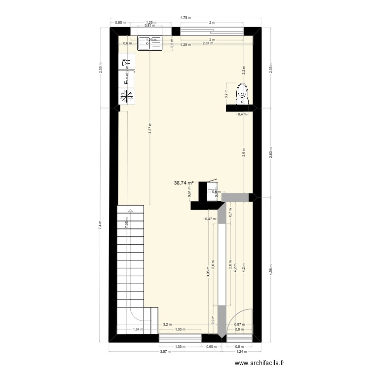 RDC. Plan de 1 pièce et 39 m2