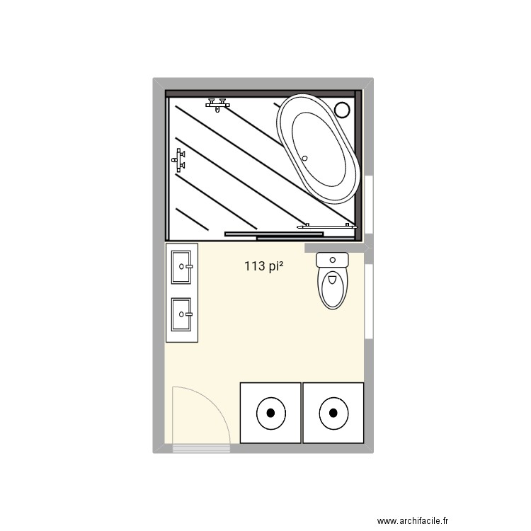 Salle de bain Vincent bain dans douche diagonal. Plan de 1 pièce et 10 m2