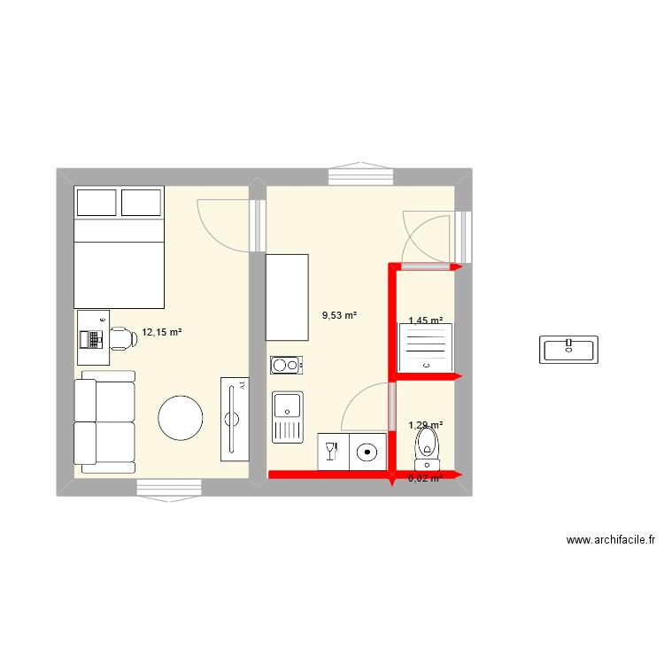 I2Etage0GaucheMeublé. Plan de 5 pièces et 24 m2