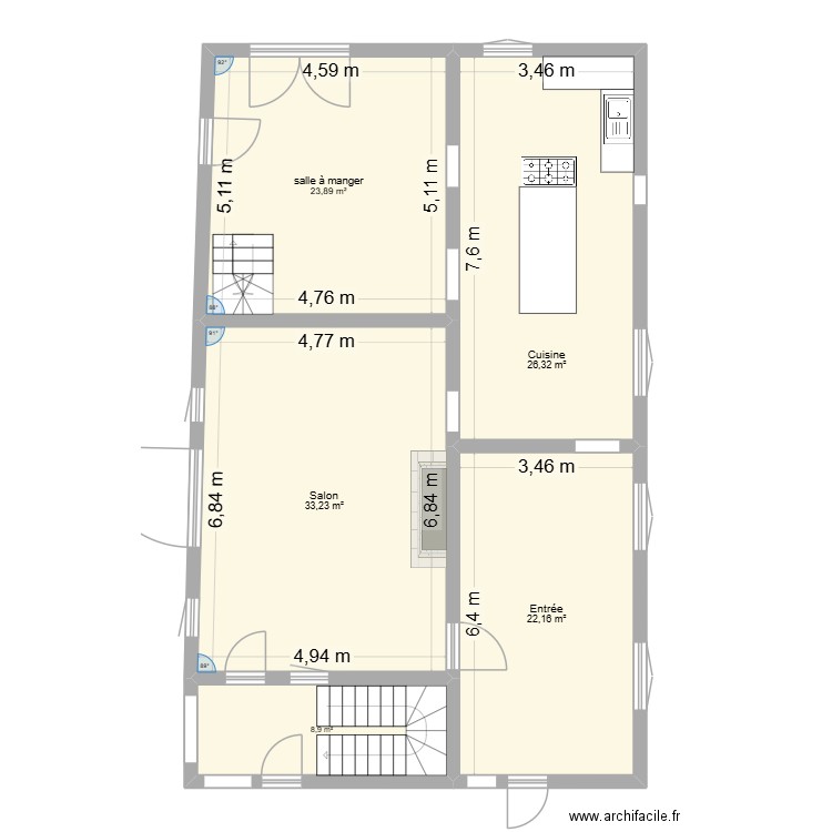 Fleury Maison 1 rez de chaussée existant. Plan de 5 pièces et 114 m2