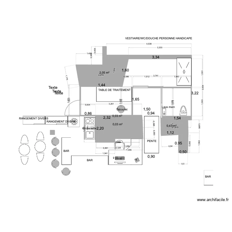 EFB vestiaire toilette personne handicape. Plan de 4  et 3 m²