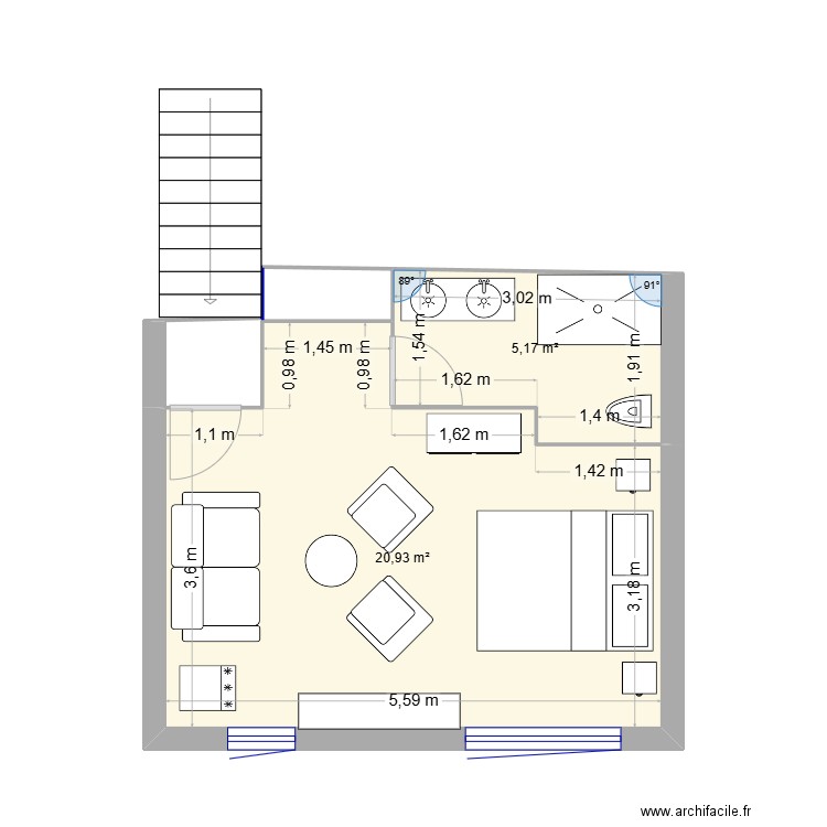 lastours. Plan de 2 pièces et 26 m2