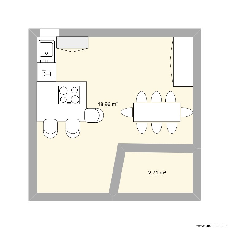 Cuisine . Plan de 2 pièces et 22 m2