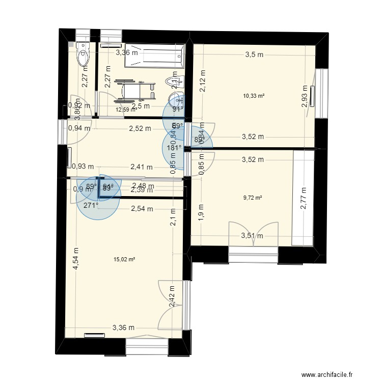 RDC actuel. Plan de 4 pièces et 48 m2
