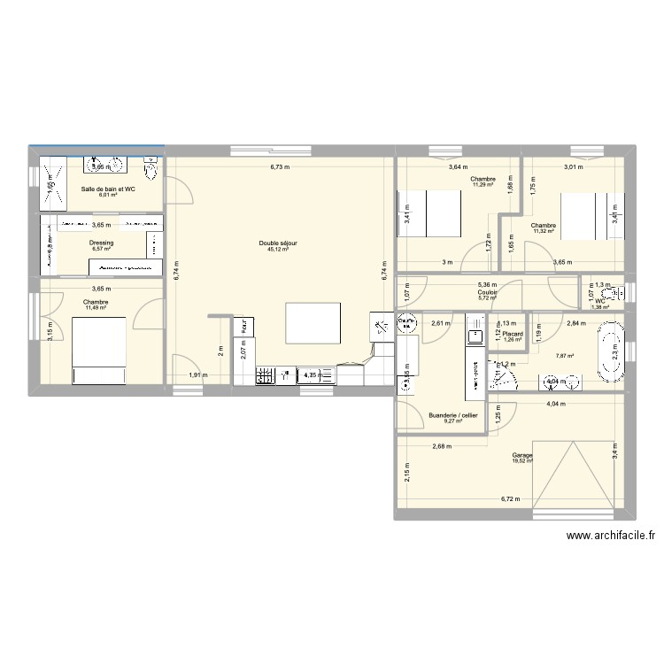 Maison plein pied option 2. Plan de 12 pièces et 137 m2