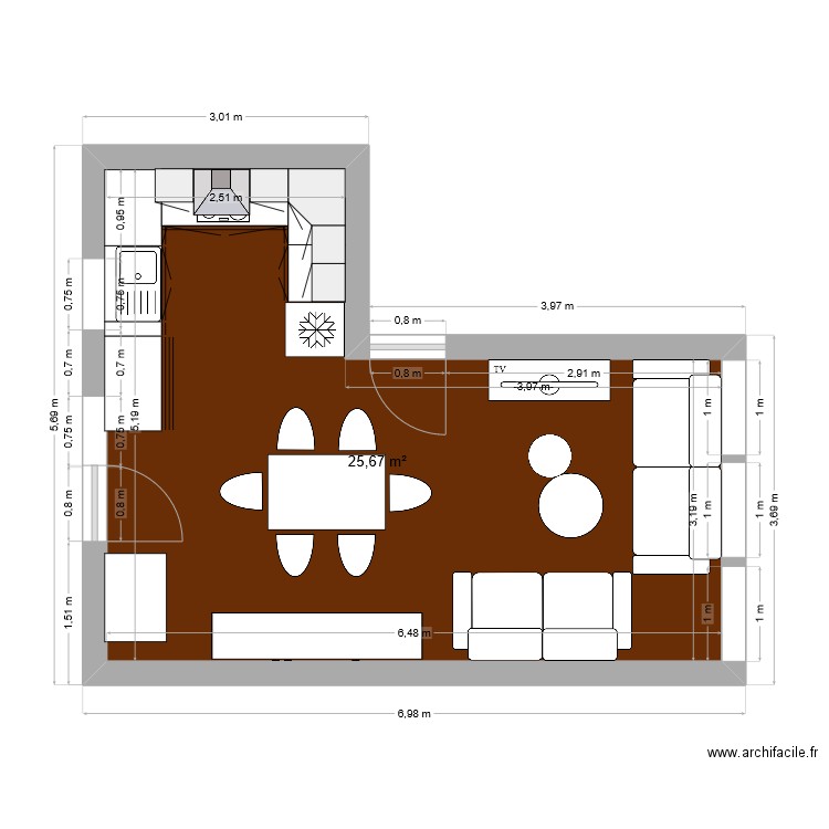cuisine. Plan de 1 pièce et 26 m2