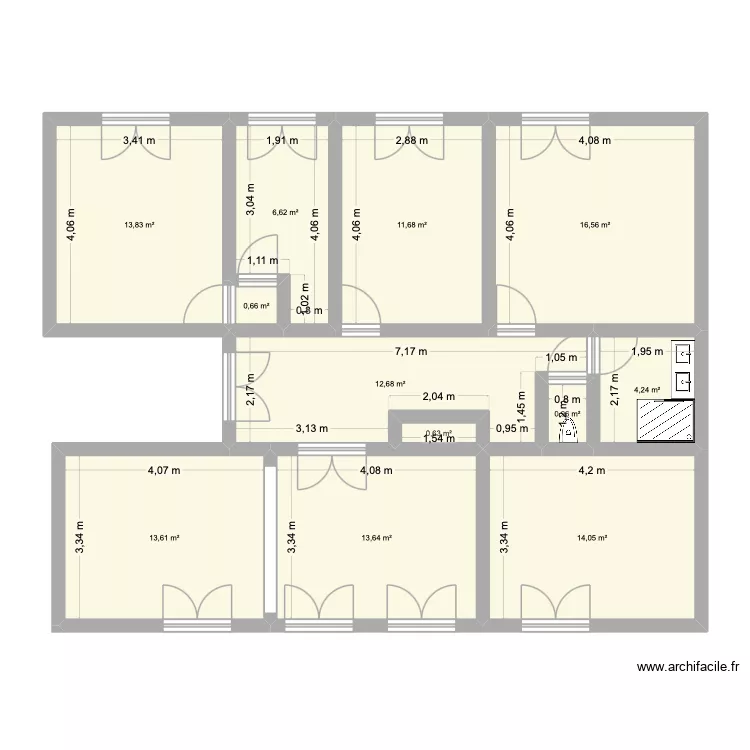 1 er etage. Plan de 12 pièces et 109 m²