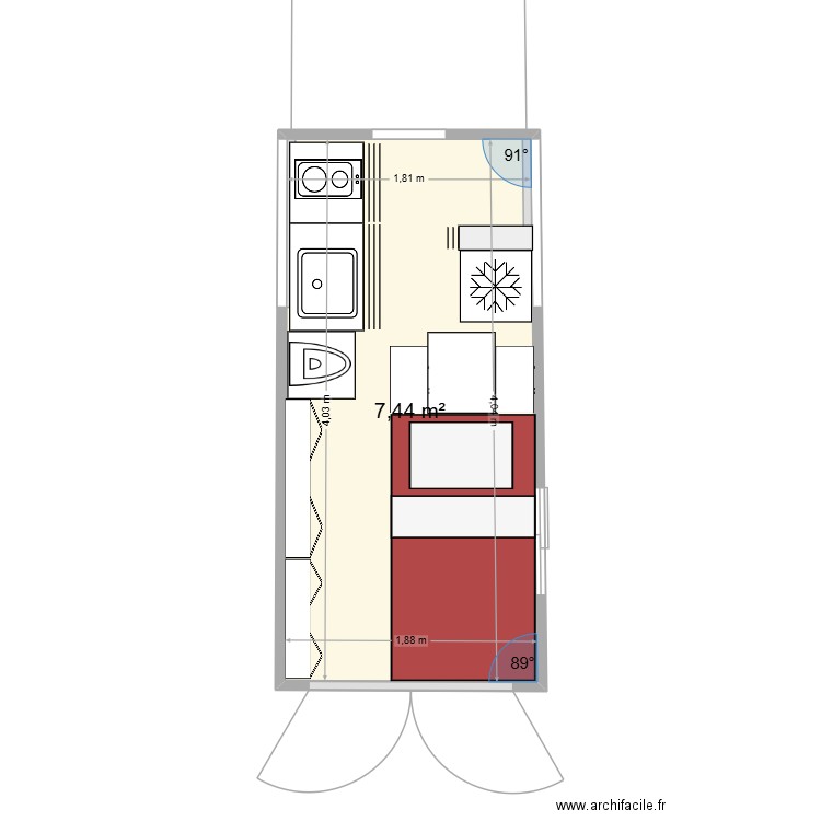 L4H3. Plan de 1 pièce et 7 m2