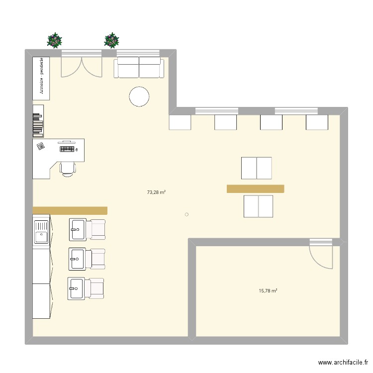 Salon. Plan de 2 pièces et 89 m2