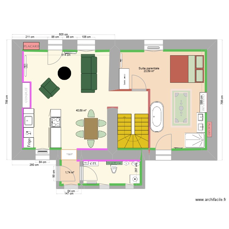Aménagement Rez-de-chaussée Maison Cheilly Les Maranges. Plan de 4 pièces et 66 m2