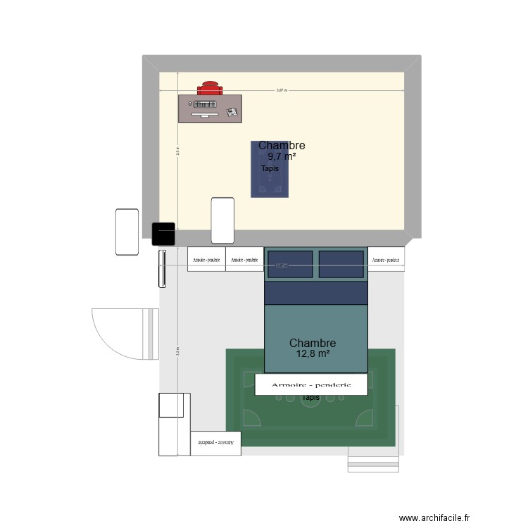 Chambre Yanis. Plan de 2 pièces et 23 m2