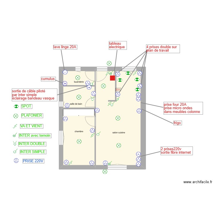 électricité T2. Plan de 4 pièces et 50 m2