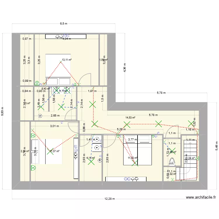 RDC PETIT GITE ETAGE V2. Plan de 12  et 74 m²