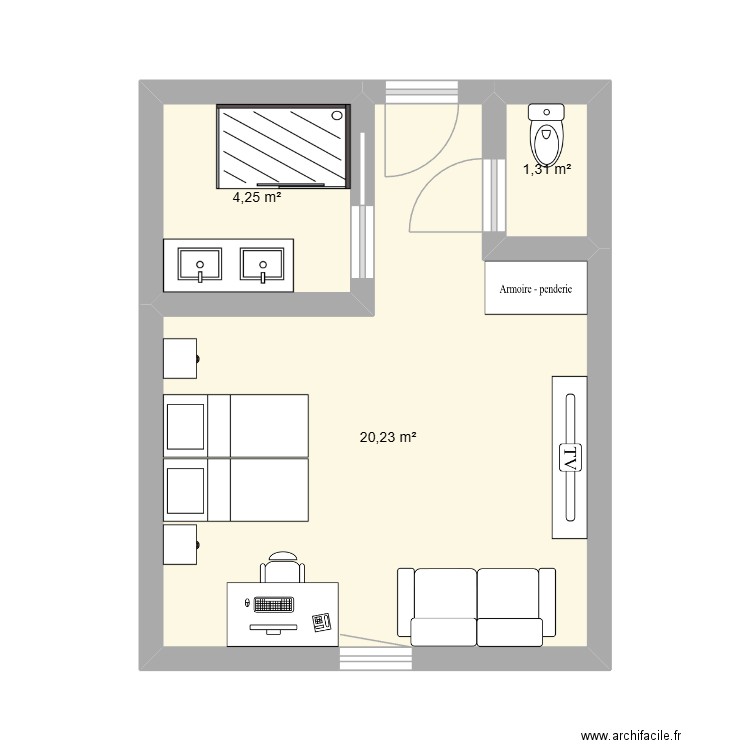 Chambre classique. Plan de 3 pièces et 26 m2
