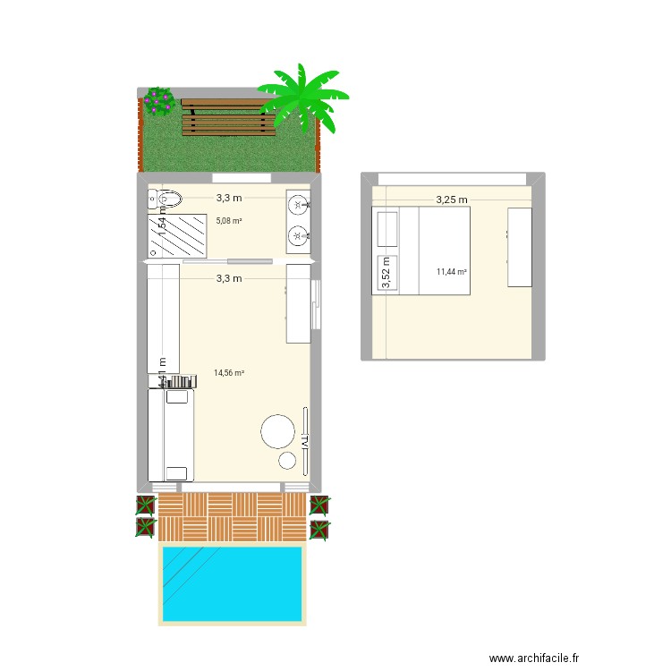 Bungalow 20m2 a modifier. Plan de 3 pièces et 16 m2