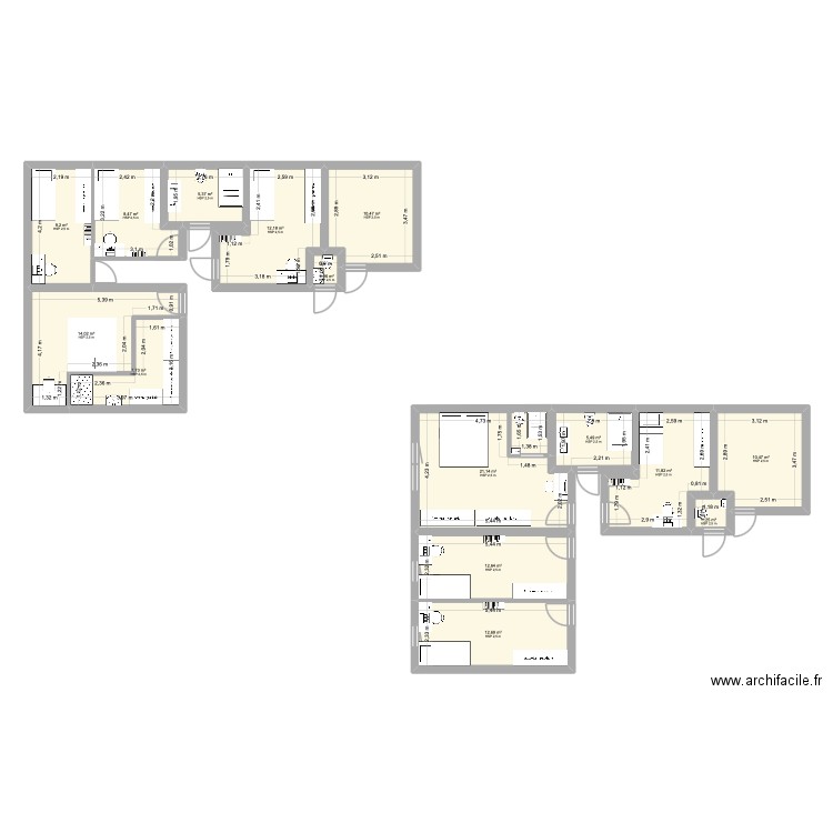 new. Plan de 15 pièces et 144 m2
